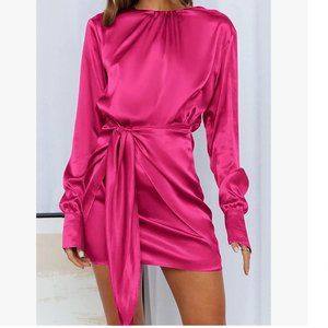 Satin Dress Long Sleeve Tie Waist Elegant Cocktail Party Mini Dresses